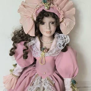Vintage tall porcelain doll in long dress with flowers, Victorian doll collection, beautiful doll as a wedding, birthday gift