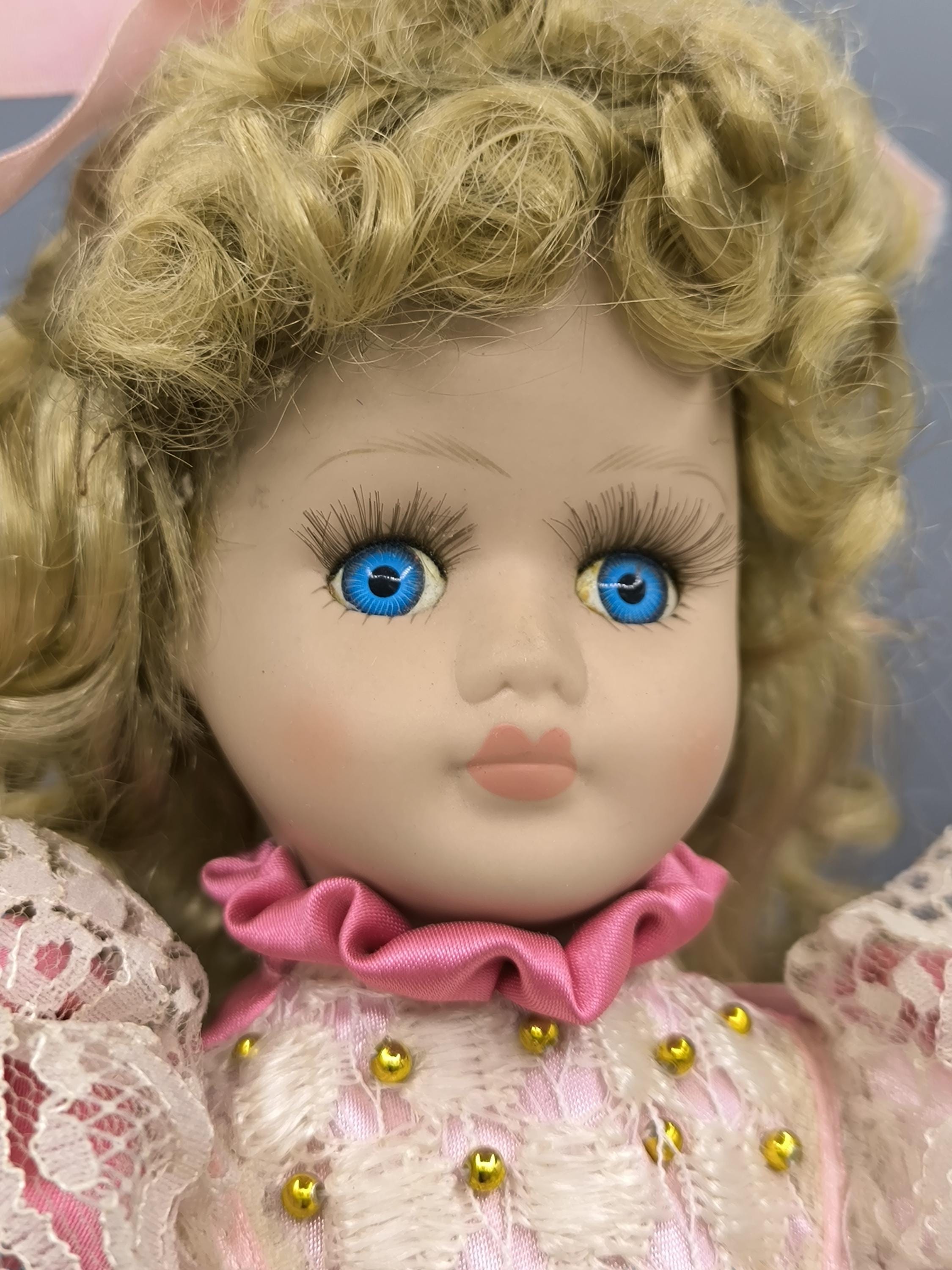 Vintage Porcelain Doll Blonde With Curly Hair, Doll Collection