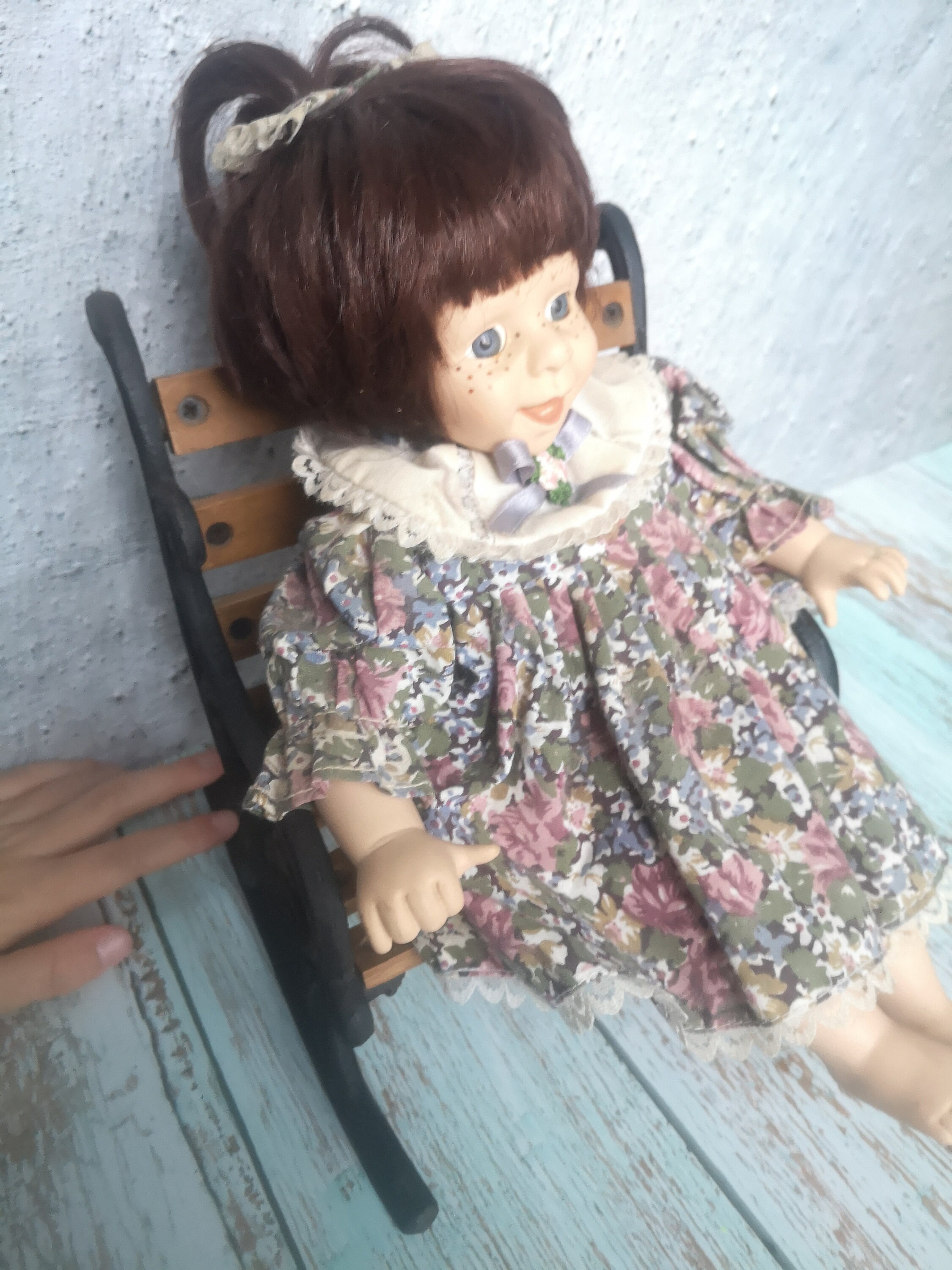 Vintage Porcelain Doll in a Rocking Chair, Funny Doll With