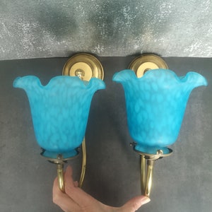 Vintage wall lamps 70s, blue with white spots opaline glass, brass fittings in gold color, pair of french vintage lamps image 6