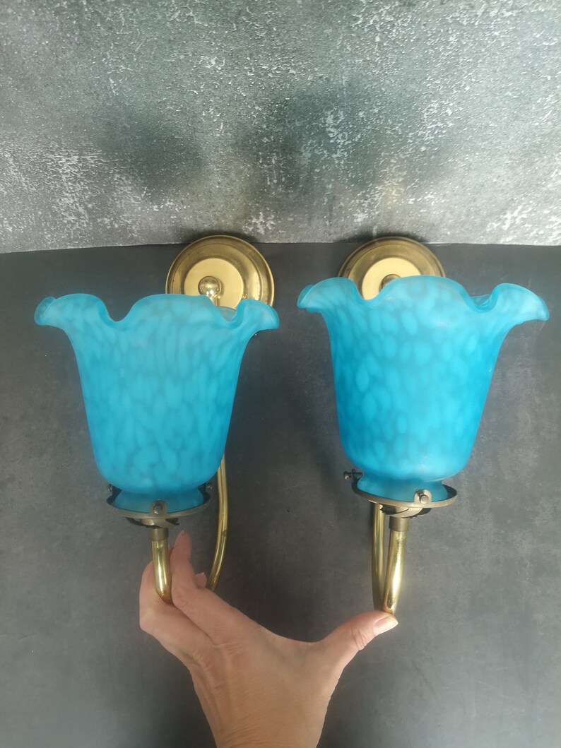 Vintage wall lamps 70s, blue with white spots opaline glass, brass fittings in gold color, pair of french vintage lamps image 6