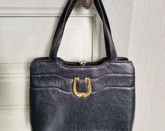 Vintage 1950-60s purse style bag, black leather bag, chic vintage bag with silk lining