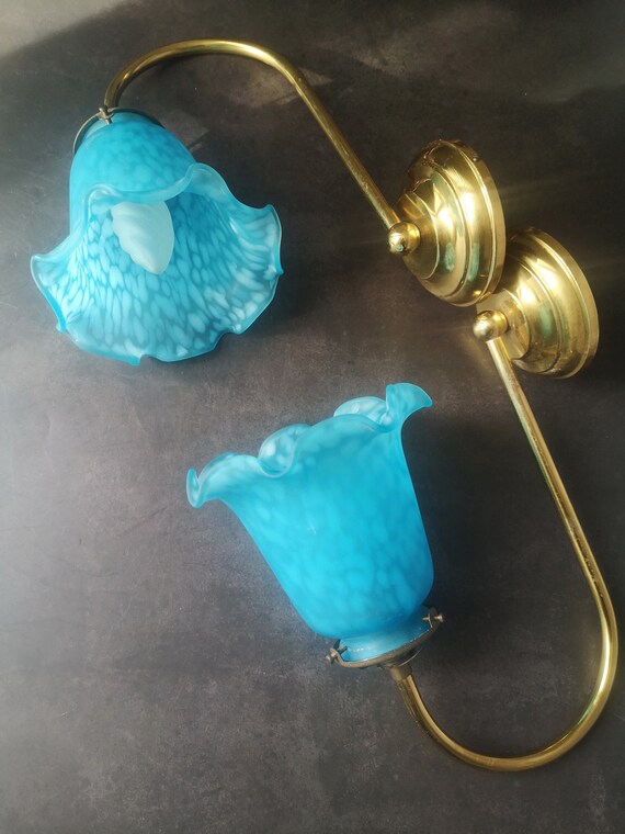 Vintage wall lamps 70s, blue with white spots opaline glass, brass fittings in gold color, pair of french vintage lamps