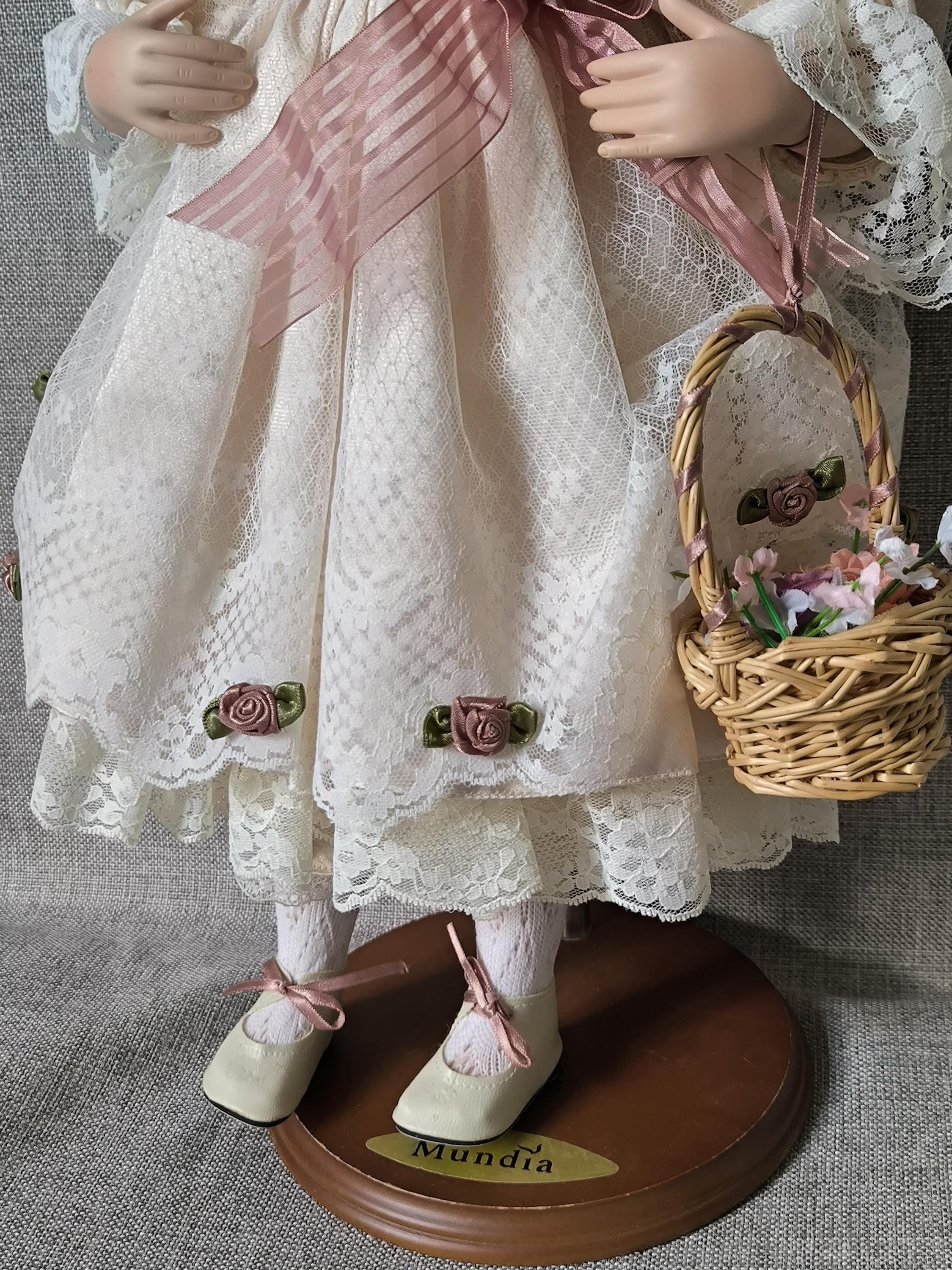 Vintage Large Porcelain Doll With Green Eyes, Doll in Luxurious 