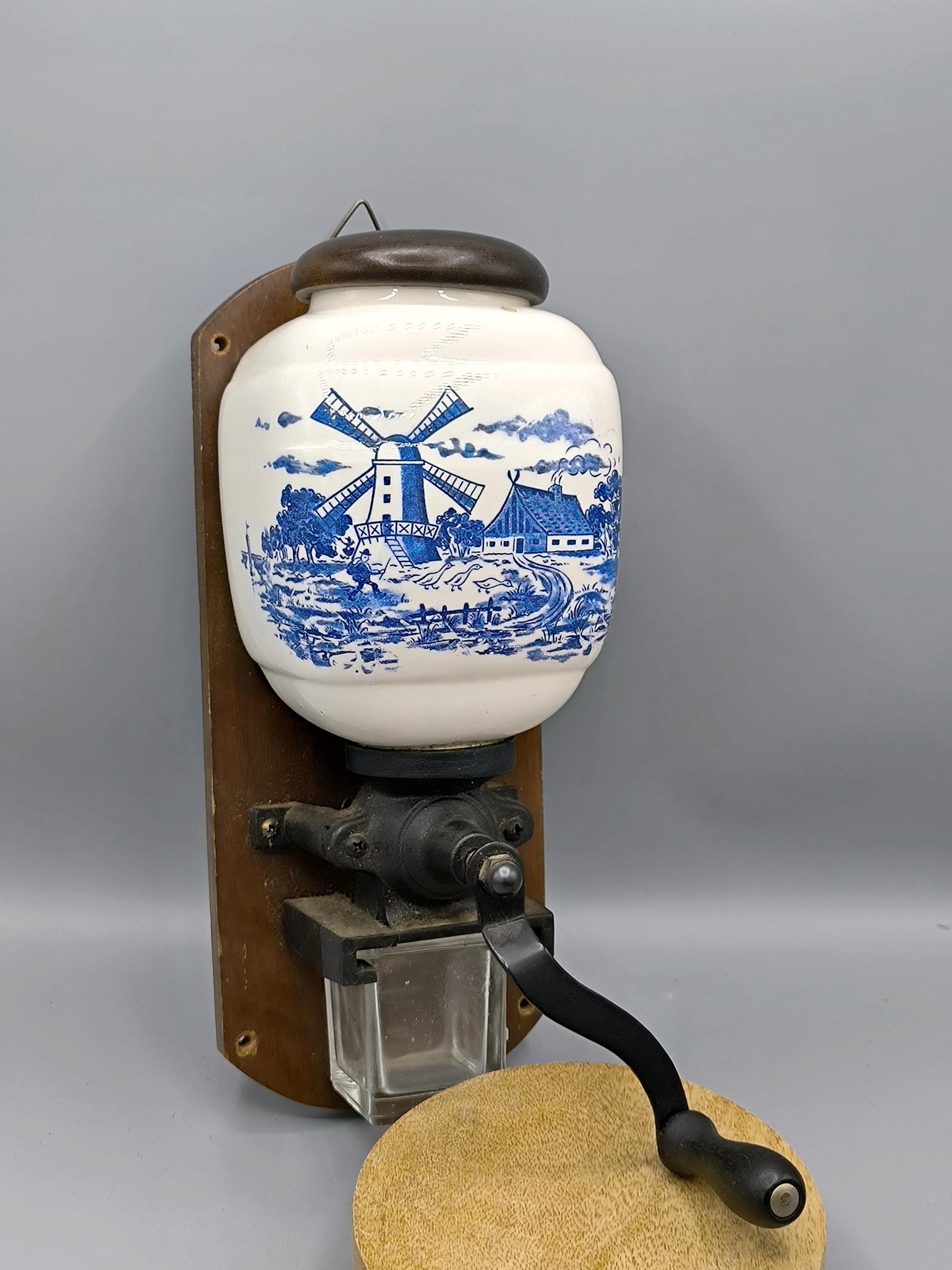 Ancien Moulin à Café Mural JV En Porcelaine Bleue - Déco Grappe De Raisin - époque Kava