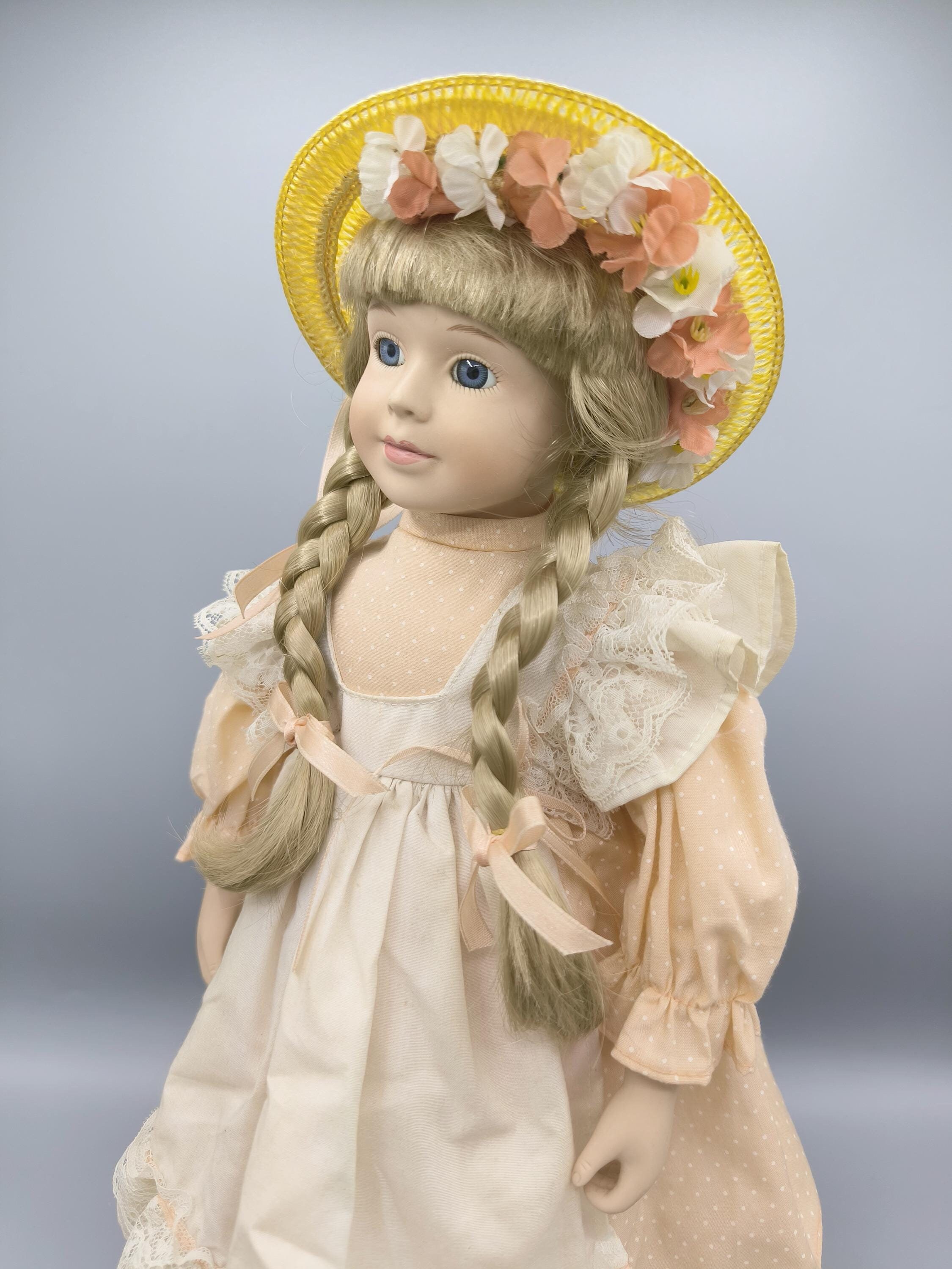 Vintage Porcelain Doll With Braids and Straw Hat, Doll Collection