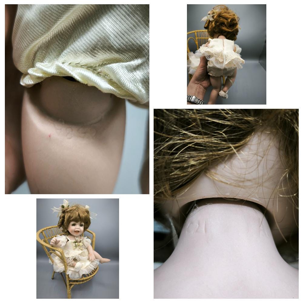 Vintage Porcelain Doll in a Wicker Chair, Laughing Doll Girl With