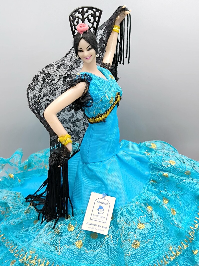 Vintage Marin Chiclana Doll in Light Blue Dress With Gold Pattern