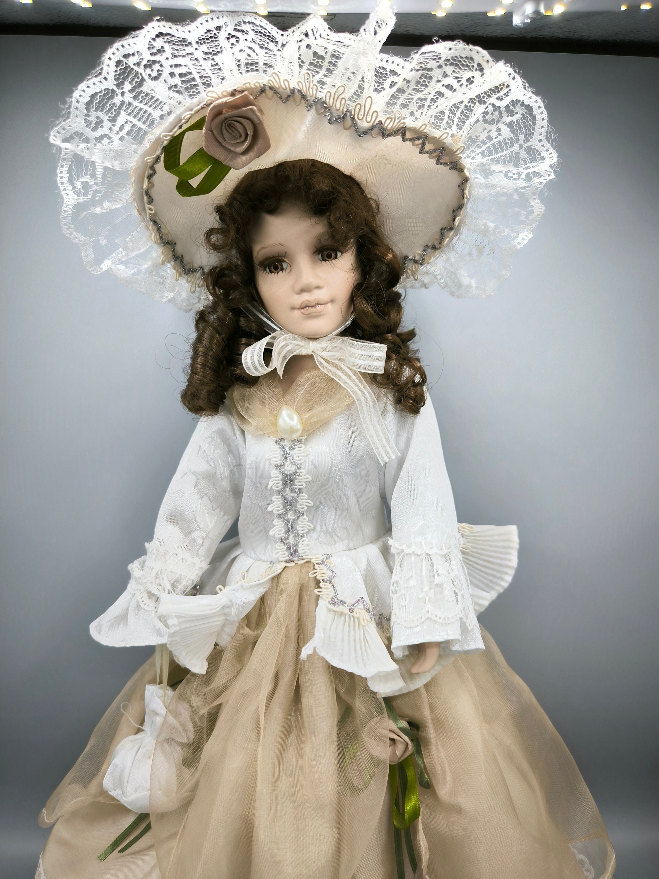 Vintage Victorian Style Porcelain Doll, 1980s Brunette Collectible
