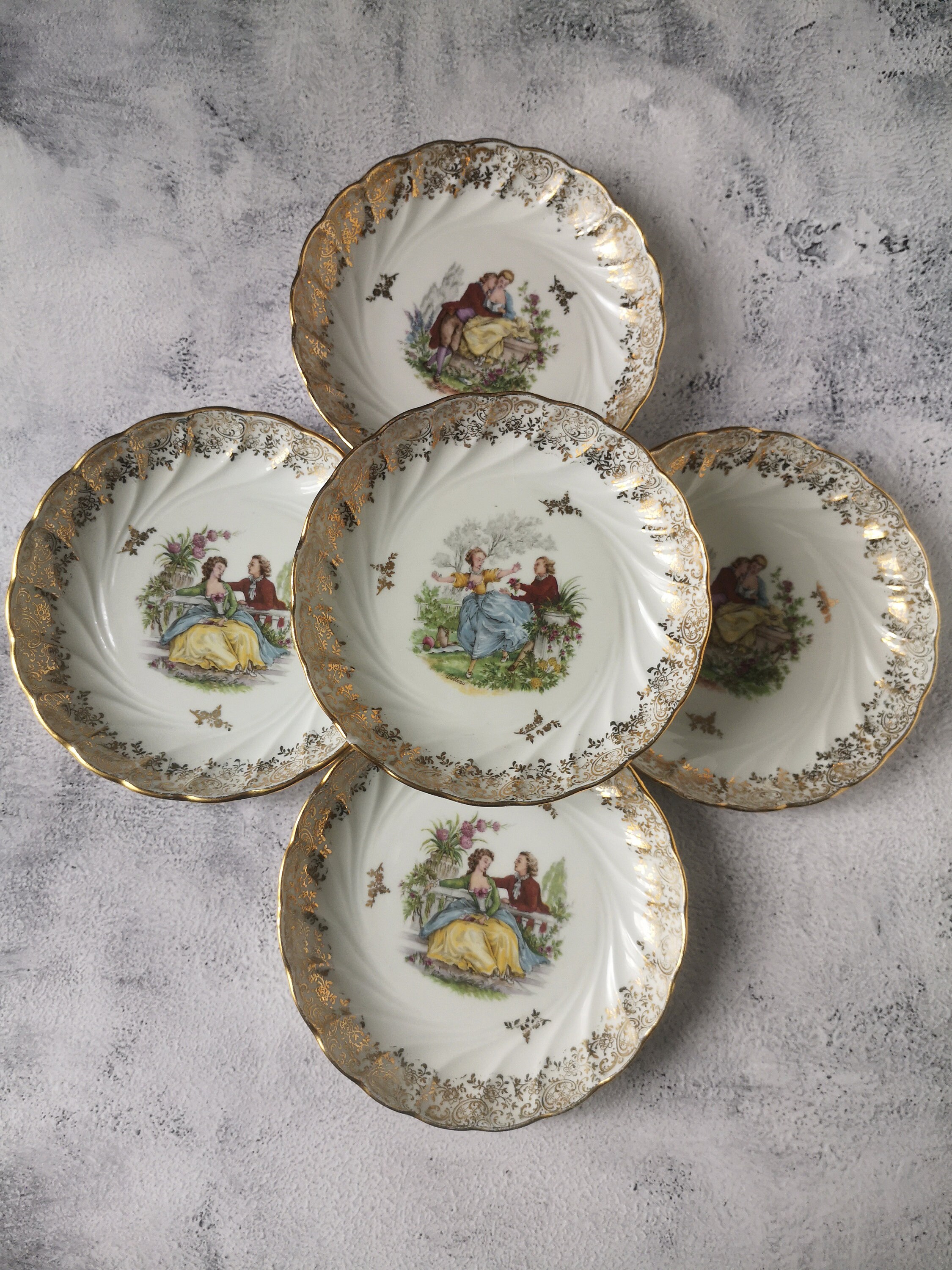 Assiettes à Dessert Dorées Vintage Années 1950, Porcelaine de Limoges Ets Chadelaud, Style Fragonard