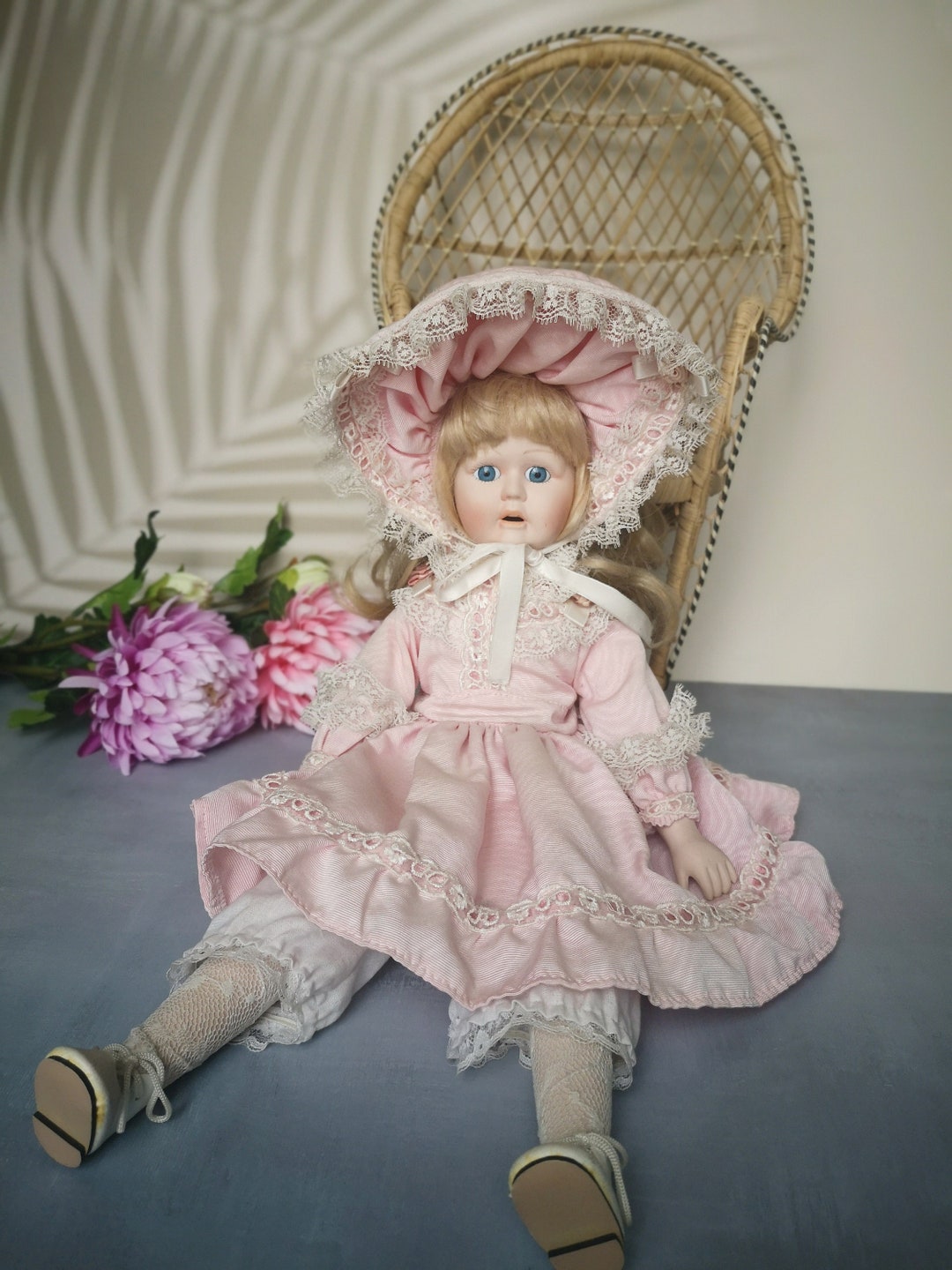 Vintage Porcelain Doll With Antique Wicker Chair, Doll With Open