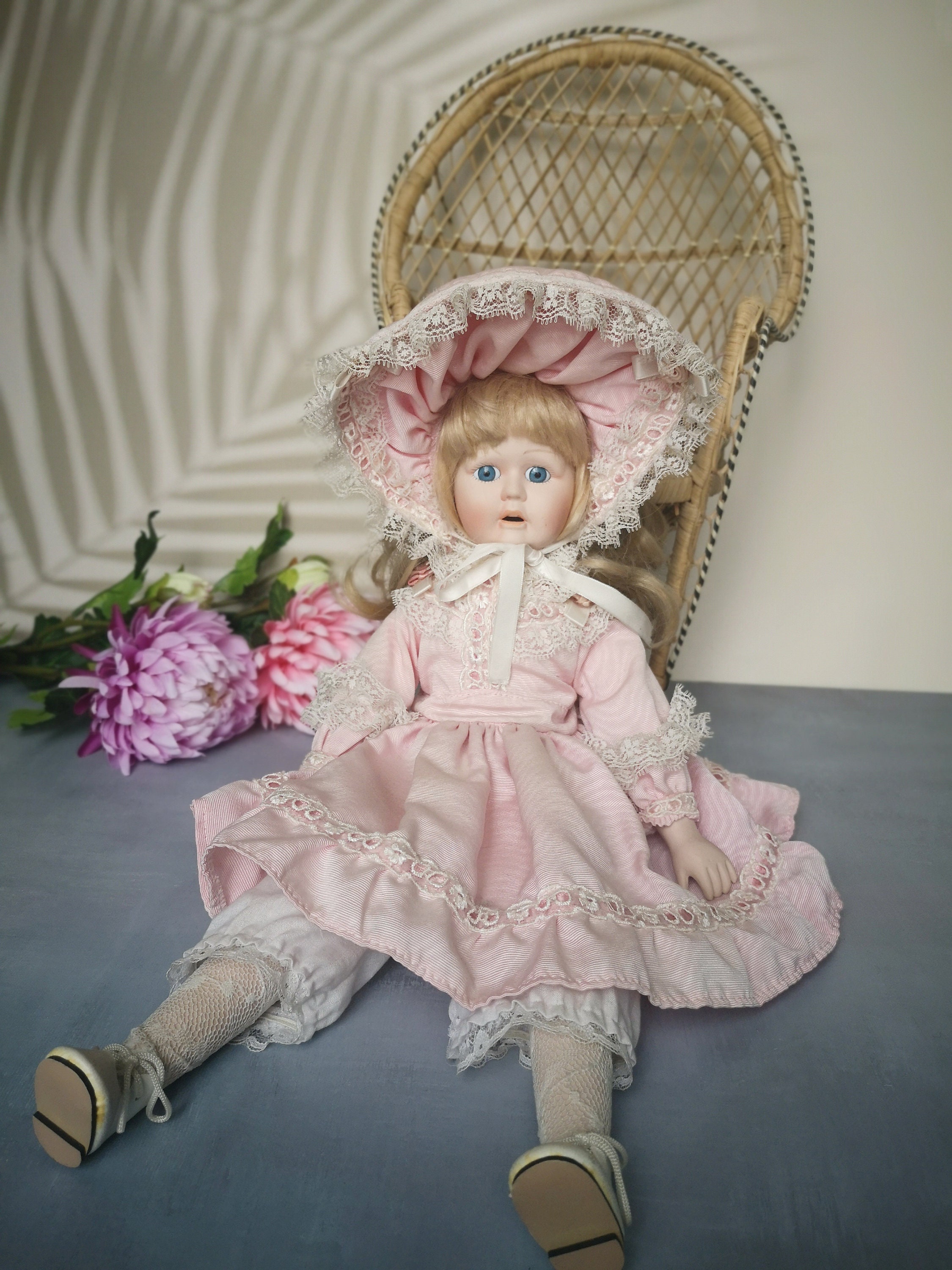 Vintage Porcelain Doll With Antique Wicker Chair, Doll With Open