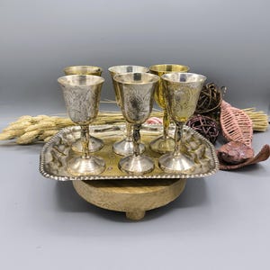 Vintage liqueur goblets with tray, antique metal goblets, stunning drinking set, elegant table decoration, antique gift
