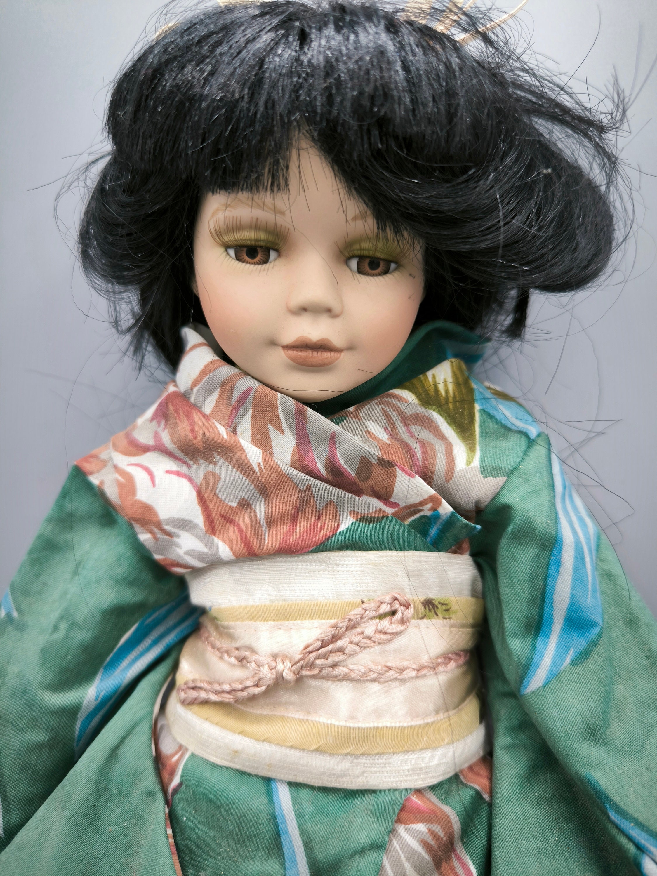 Vintage Porcelain Doll 1970s in Japanese Outfit, Rare Collectible