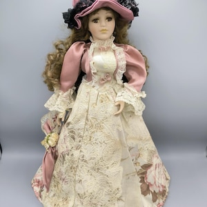 Vintage porcelain doll in Victorian outfit, sweet doll 70-80s, doll with copper hair and brown eyes, gift for vintage doll lover, collector