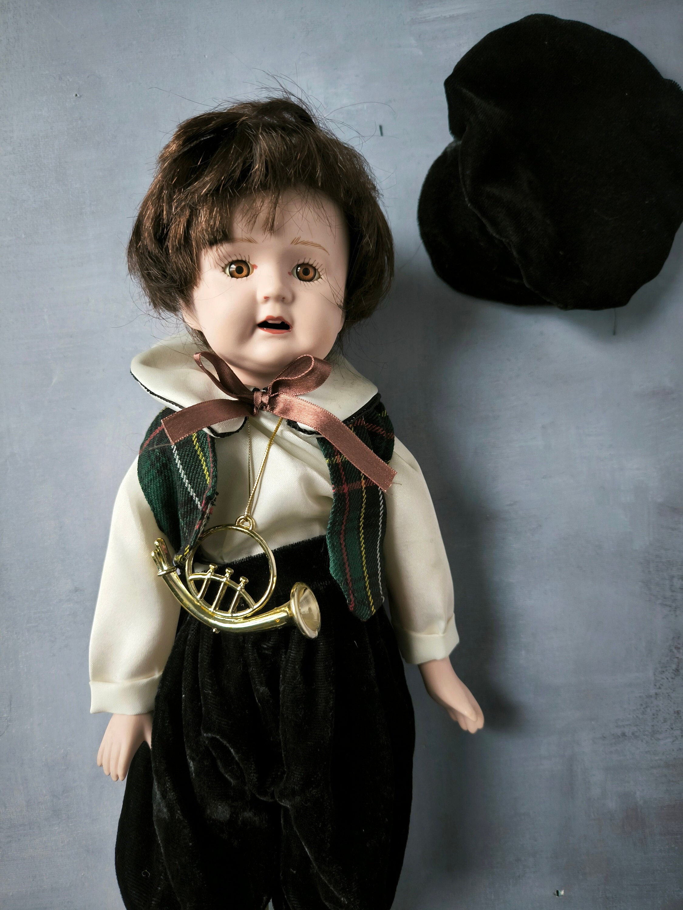 Vintage Rare Porcelain Doll Musician, Brunette Doll With Cap