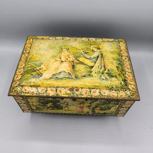 Antique tin box with lid with gallant scene, lady with cavalier, collecting, home or window decoration, collectors gift