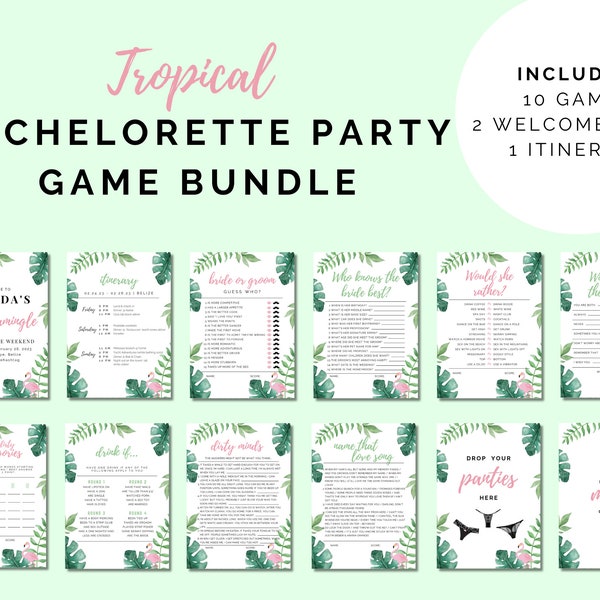 Final Flamingle Tropical Bachelorette Party Game Bundle, includes 10 bachelorette games, 2 welcome signs, and an itinerary template