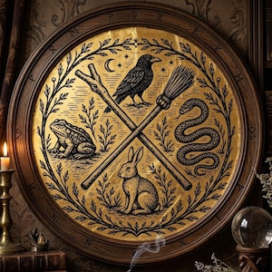 Puede incluir: Una placa de pared circular de madera con un centro dorado y dibujos en tinta negra de un cuervo, un sapo, un conejo y una serpiente. El diseño incluye un bastón y una escoba cruzados, rodeados por un borde con símbolos grabados en la madera.