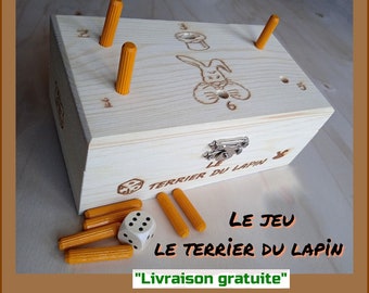 Le jeu du TERRIER DU LAPIN® un jeu de société familial de 2 à 6 joueurs, boîte en bois pyrogravée et agencée sur place en france