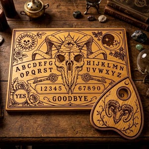 Tavola Ouija stampabile con planchette SVG /2 PNG /PDF – Tavola spiritualista con teschio di ariete – Download digitale