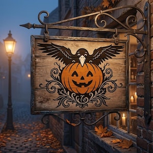 May include: A rectangular wooden sign hanging from a black wrought iron bracket on a brick wall. The sign features a graphic of a black crow perched atop an orange jack-o'-lantern, surrounded by black decorative scrollwork and leaf patterns.