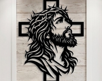 Croce di Gesù SVG, Corona di Spine Design Vettoriale, Arte Religiosa da Parete File Taglio Laser, Silhouette Cristiana Clipart PNG PDF, Uso Commerciale
