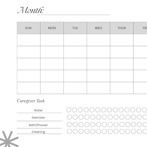 May include: A white and gray monthly planner with sections for each day of the week. Includes a section for activities with icons and a notes section. Also includes a caregiver task list with tracking circles.