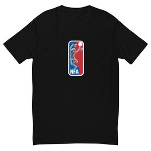 May include: Black t-shirt with a graphic of a skeleton playing basketball. The graphic is in the style of the NBA logo, with the words "NFA" below the skeleton.