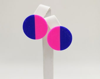 May include: A pair of earrings with a pink and blue design. Each earring is a circle with half pink and half blue.