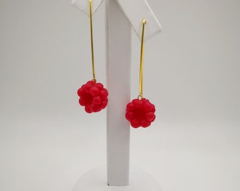 Red raspberry hanging earrings, elegant fashionable girls women's summer jewelry