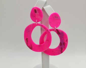 Earrings 90-e years pink-pink neon disco party girl jewerly, hoop earrings neon pink, earclips, modern summer girl jewelry, print, unique