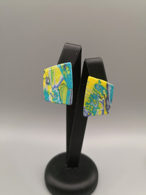 Ohrclips abstrackte Muster grün turkis blau gelb