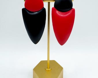 Large asymmetrical red and black earrings – statement drop earrings made of polymer clay, modern geometric, handmade
