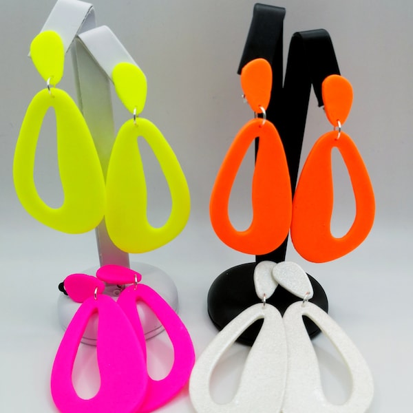 Ear clips neon pink yellow orange green white, drop-shaped hanging large summer ear clips neon