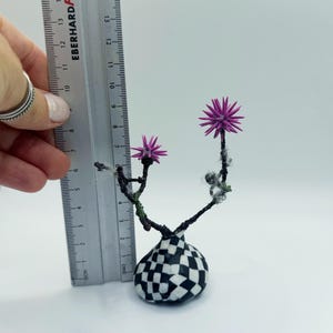 Könnte beinhalten: Eine kleine, schwarz-weiß karierte Vase mit zwei rosa Blüten auf Drahtstängeln. Die Vase ist etwa 6 cm hoch.