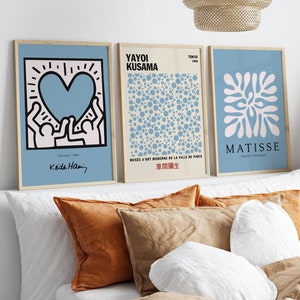 Set of 3 Blue Mixed Prints, Haring Matisse Kusama Wall Art, Blueish Exhibition Set, Gallery Wall Printable, Museum Posters, Digital Prints