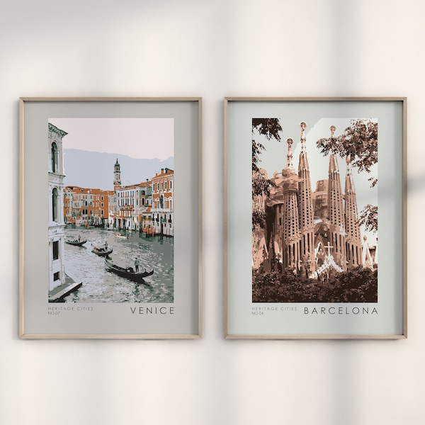 Set of 2 Travel Arts Cities Vintage, Printable Gallery Wall Design, Home Decor Gallery Set, Holiday City Artprint, Retro Pastel Colors