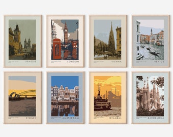 Set of 8 World Cities Vintage Travel Arts, Printable Gallery Wall Design, Home Decor Gallery Set, Holiday City Artprint, Retro Pastel Colors
