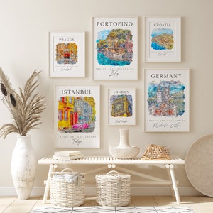 World Travel Art Prints, Watercolor Travel Gallery Set, City illustration, Colorful City Prints Posters, Countries Colorful Gallery Wall Set