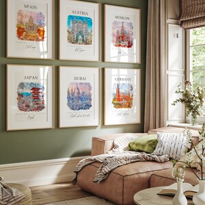 Mega World Travel Printable Art Set, 24 Watercolor Travel Gallery Set, Colorful City Printable Posters, Countries Colorful Gallery Wall Set image 4