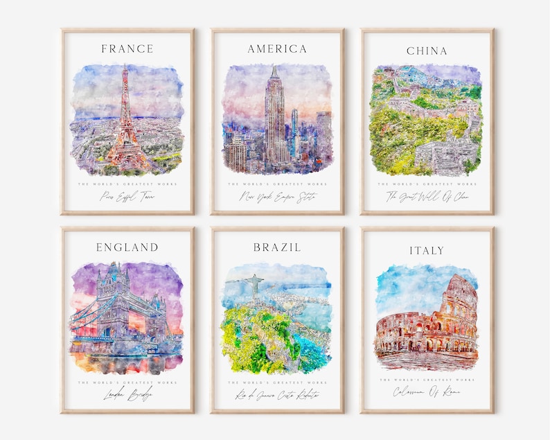 Mega World Travel Printable Art Set, 24 Watercolor Travel Gallery Set, Colorful City Printable Posters, Countries Colorful Gallery Wall Set image 7