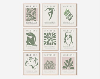 Sage Green Matisse, Set of 9 Prints, Green Floral Prints, Matisse Cut Out, Exhibition Poster, Matisse Flower Print, Botanical Wall Art Decor