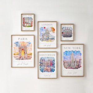 Watercolor Travel Prints, Touristic Gallery Set, Vacation City illustration, Colorful City Prints Posters,  Countries Colorful Gallery Wall