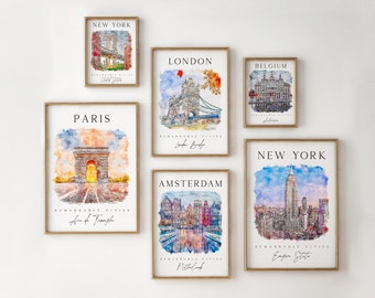 Watercolor Travel Prints, Touristic Gallery Set, Vacation City illustration, Colorful City Prints Posters,  Countries Colorful Gallery Wall