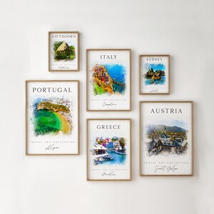 May include: A collection of travel art prints featuring watercolour illustrations of various cities around the world, including Giethoorn, Italy, Sydney, Portugal, Austria, and Greece. Each print includes the city name and the words "Travel Art Collection" in a handwritten font.