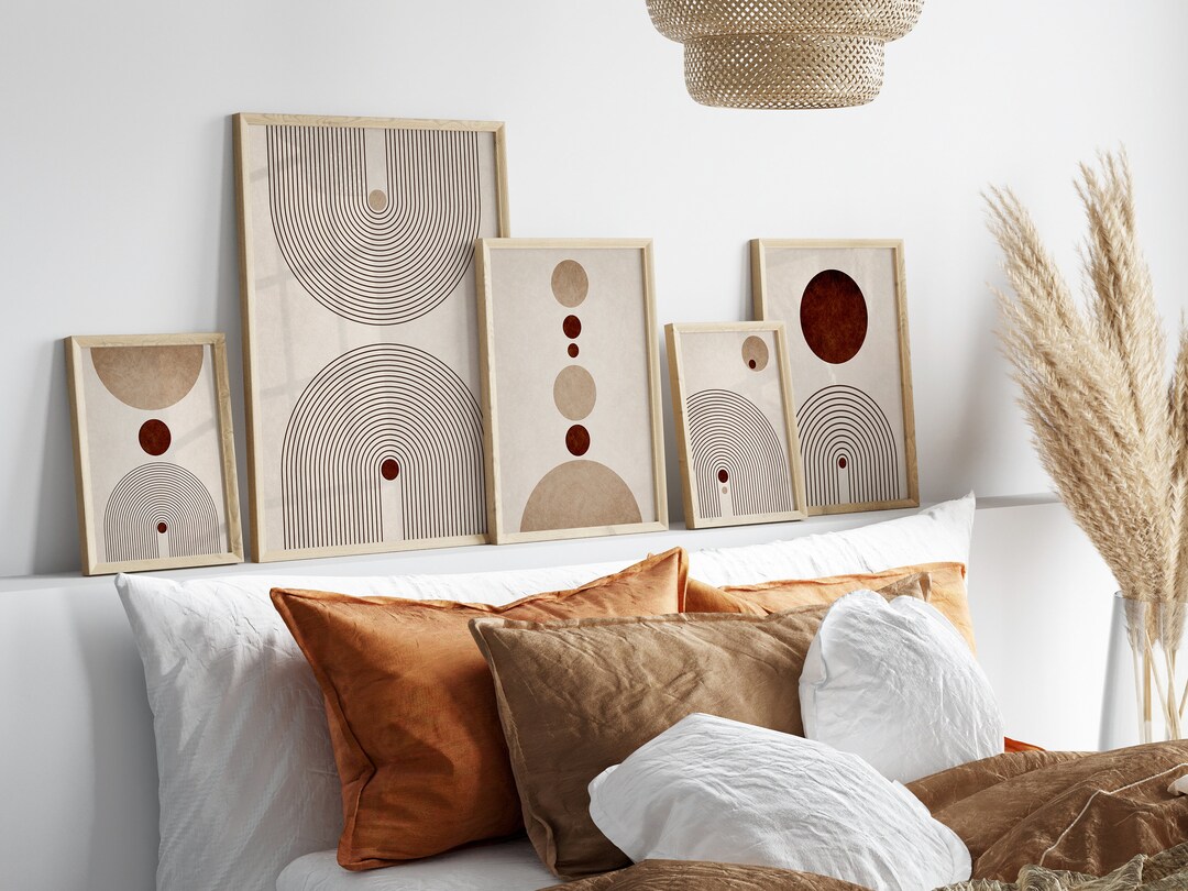 Mid Century Set of 6 Modern Wall Art Print Bundle, Neutral Abstract ...
