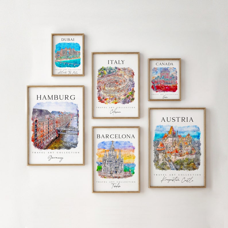 May include: A collection of watercolor paintings depicting famous landmarks from around the world. The paintings are framed in gold and arranged on a white wall. The cities featured are Dubai, Italy, Canada, Hamburg, Austria, and Barcelona.
