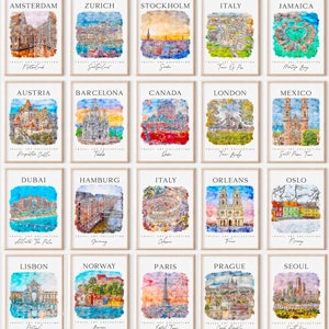 May include: A collage of 20 watercolor paintings depicting famous landmarks from around the world. Each painting is framed in a light wood frame and features the name of the city and country in white text. The paintings are arranged in a grid of four rows and five columns.