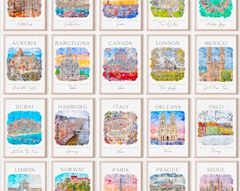 World Cities Travel Print Art Set, 20 Watercolor Touristic Gallery Set, Colorful City Printable Posters, Best of Cities Gallery Wall Arts